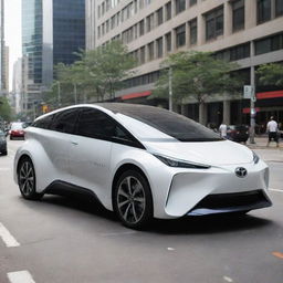 A futuristic Toyota car, powered by a solar system, parked on the bustling streets of a high-tech city.