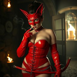 Inside a dark dungeon illuminated by flickering smoky torches, a feline-featured woman captivates with her red latex mask adorned with infinitely extending feline ears