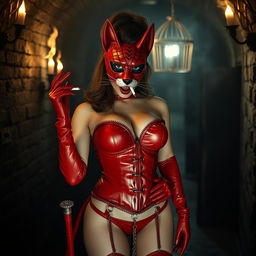 Inside a dark dungeon illuminated by flickering smoky torches, a feline-featured woman captivates with her red latex mask adorned with infinitely extending feline ears