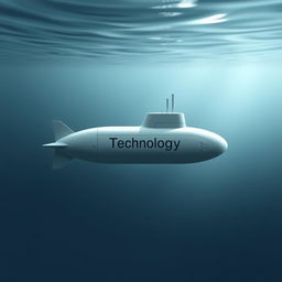 A small, minimalist submarine design featuring the word "Technology" subtly displayed in a sleek, modern sans-serif font on its side