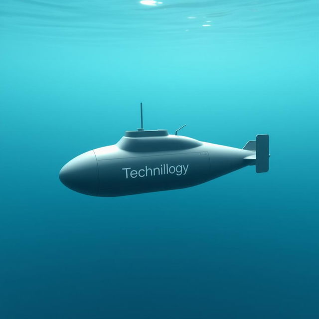 A small, minimalist submarine design featuring the word "Technology" subtly displayed in a sleek, modern sans-serif font on its side