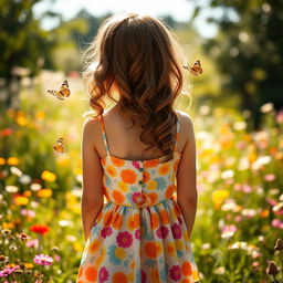 A young girl around 13-years-old, viewed from the back, wearing a colorful sundress, standing in a lush, flower-filled meadow