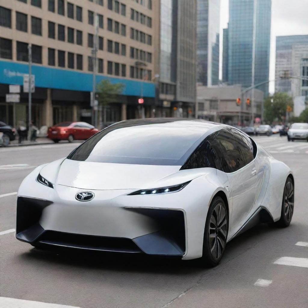 A futuristic Toyota car, powered by a solar system, parked on the bustling streets of a high-tech city.