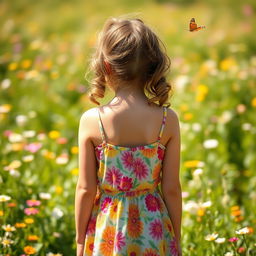 A young girl around 13-years-old, viewed from the back, wearing a colorful sundress, standing in a lush, flower-filled meadow