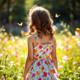 A young girl around 13-years-old, viewed from the back, wearing a colorful sundress, standing in a lush, flower-filled meadow