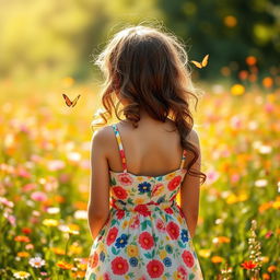 A young girl around 13-years-old, viewed from the back, wearing a colorful sundress, standing in a lush, flower-filled meadow