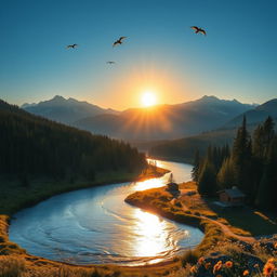 A serene landscape with a winding river flowing through a lush forest under a clear blue sky