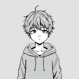 A monochromatic illustration of a young person standing against a muted gray background, wearing a hooded sweatshirt