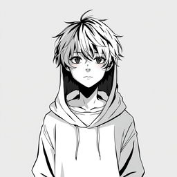 A monochromatic illustration of a young person standing against a muted gray background, wearing a hooded sweatshirt