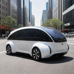 A futuristic Toyota car, powered by a solar system, parked on the bustling streets of a high-tech city.