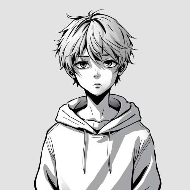 A monochromatic illustration of a young person standing against a muted gray background, wearing a hooded sweatshirt