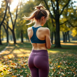 A cute 18-year-old wearing snug yoga pants, captured from the back