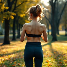 A cute 18-year-old wearing snug yoga pants, captured from the back