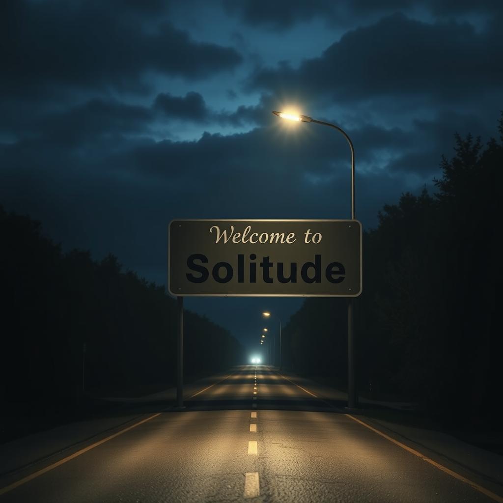 A photorealistic image of a sign that says 'Welcome to Solitude' on a dark road at night