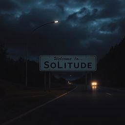 A photorealistic image of a sign that says 'Welcome to Solitude' on a dark road at night