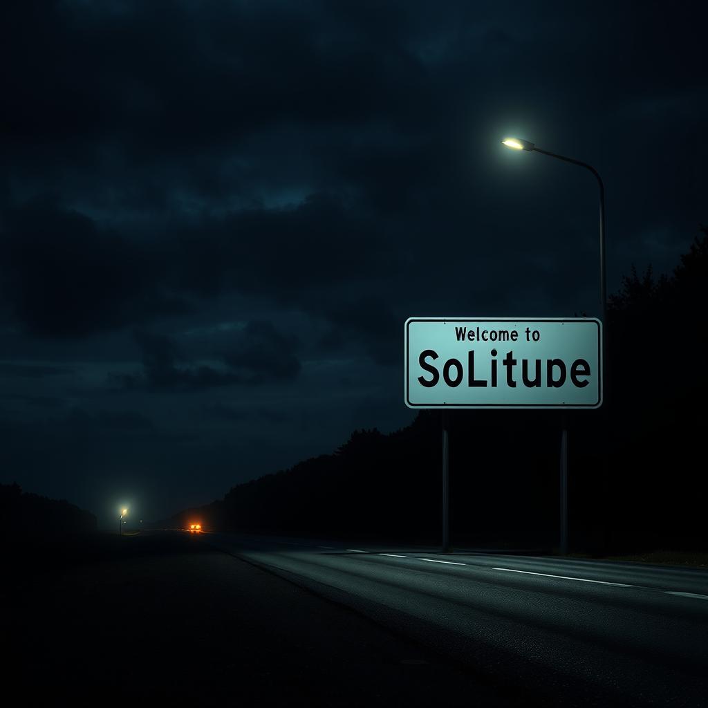 A photorealistic image of a sign that says 'Welcome to Solitude' on a dark road at night