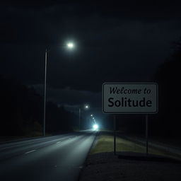 A photorealistic image of a sign that says 'Welcome to Solitude' on a dark road at night