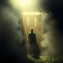 A mystical scene titled 'EL RENACER DEL SOL' featuring a man made of tea standing in front of a wooden door