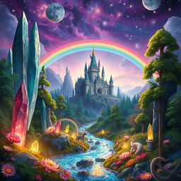 A vibrant and imaginative fantasy landscape featuring mythical creatures and a magical atmosphere