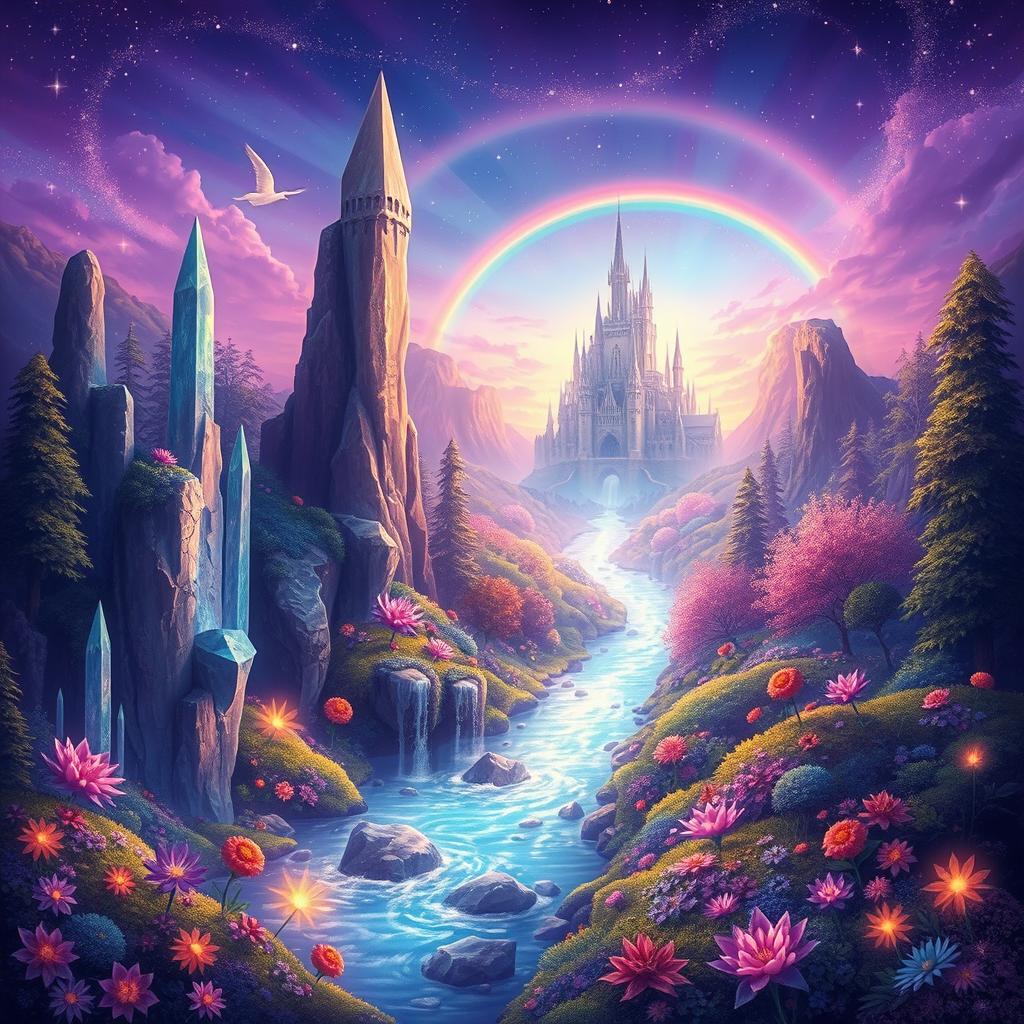 A vibrant and imaginative fantasy landscape featuring mythical creatures and a magical atmosphere