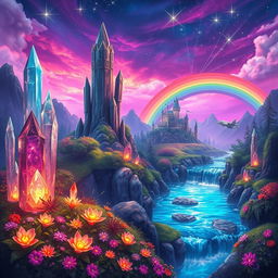 A vibrant and imaginative fantasy landscape featuring mythical creatures and a magical atmosphere