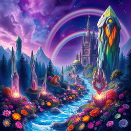 A vibrant and imaginative fantasy landscape featuring mythical creatures and a magical atmosphere