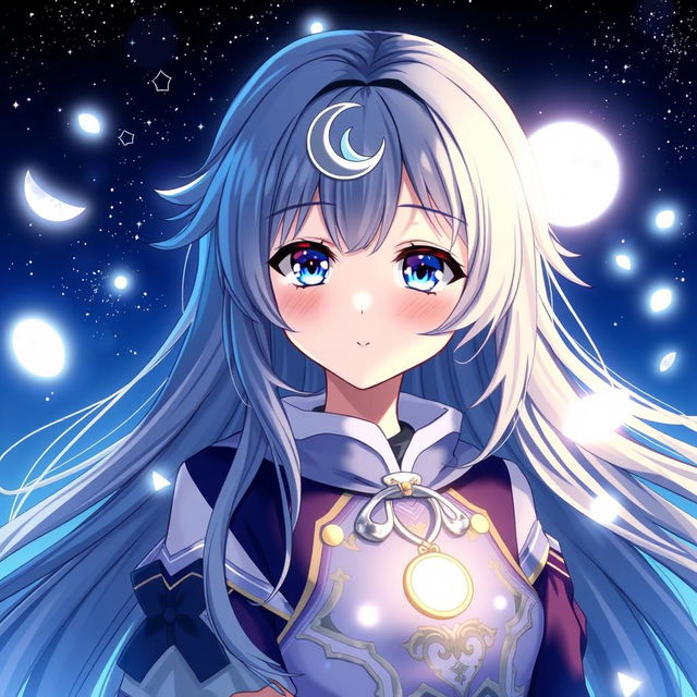 Anime character with moon elements, featuring a celestial aura, wearing lunar-themed clothing