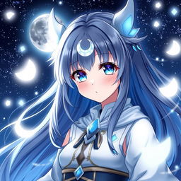 Anime character with moon elements, featuring a celestial aura, wearing lunar-themed clothing