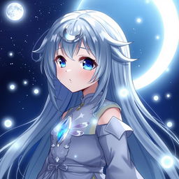 Anime character with moon elements, featuring a celestial aura, wearing lunar-themed clothing