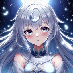 Anime character with moon elements, featuring a celestial aura, wearing lunar-themed clothing