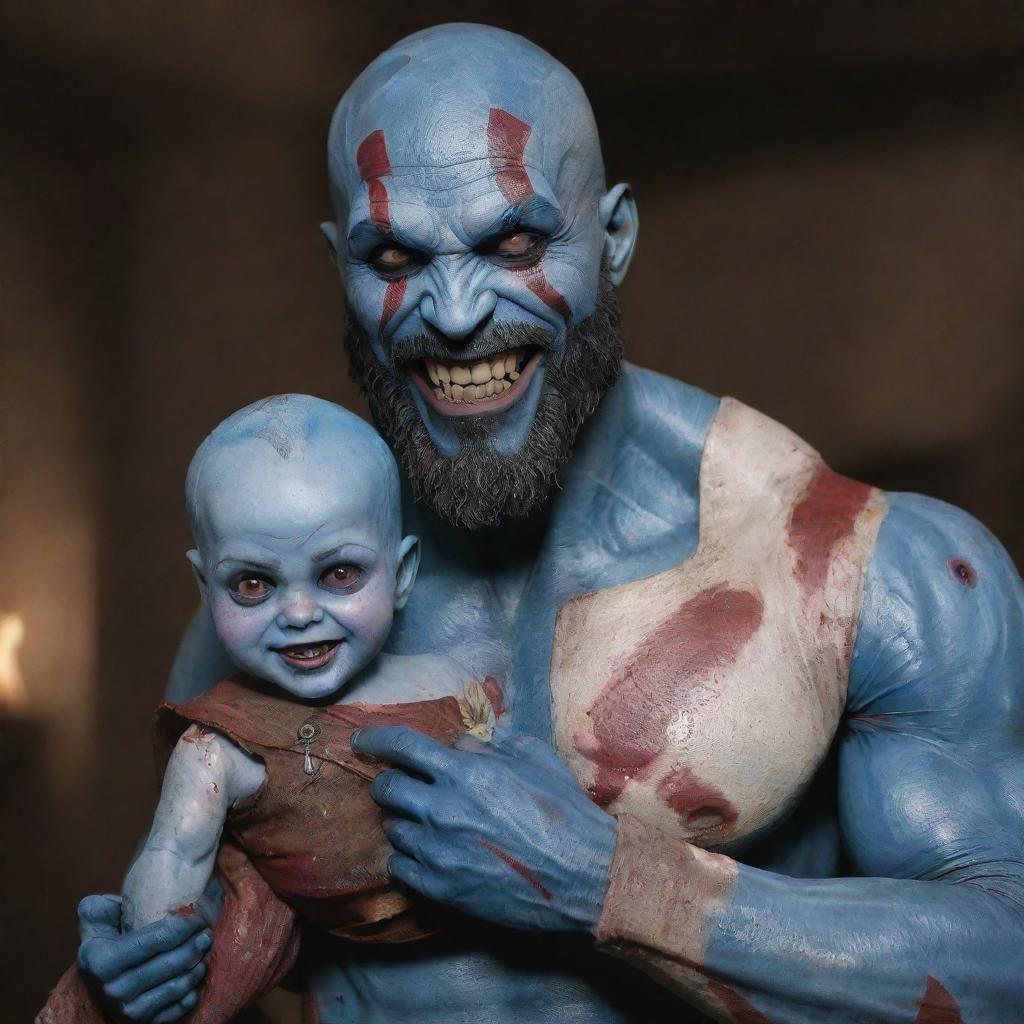 Large Goliath man with blue skin scattered with red scars, seeming as if bathed in blood. An eerie smile highlights his face while holding a delicate porcelain doll. His appearance is a mix between Kratos from God of War and Drax from Guardians of the Galaxy.