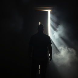 A scene titled "EL RENACER DEL SOL" depicting a man standing with his back turned to an old brown wooden door