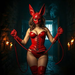 Inside a dark dungeon illuminated by flickering smoky torches, a feline-featured woman captivates the scene with her red latex mask adorned with infinitely extending feline ears