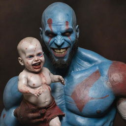 Large Goliath man with blue skin scattered with red scars, seeming as if bathed in blood. An eerie smile highlights his face while holding a delicate porcelain doll. His appearance is a mix between Kratos from God of War and Drax from Guardians of the Galaxy.