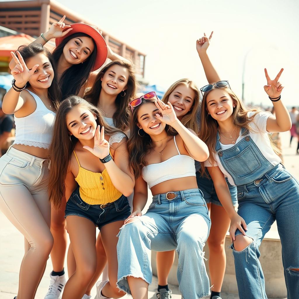 A group of cute 18-year-old girls posing playfully, showcasing their fun and youthful energy