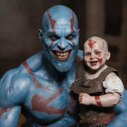 Large Goliath man with blue skin scattered with red scars, seeming as if bathed in blood. An eerie smile highlights his face while holding a delicate porcelain doll. His appearance is a mix between Kratos from God of War and Drax from Guardians of the Galaxy.