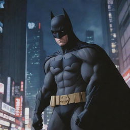 Enhance the previous image by emphasizing the anime style even more. Batman should feel as though he stepped right out of an edgy and action-packed Japanese animation.