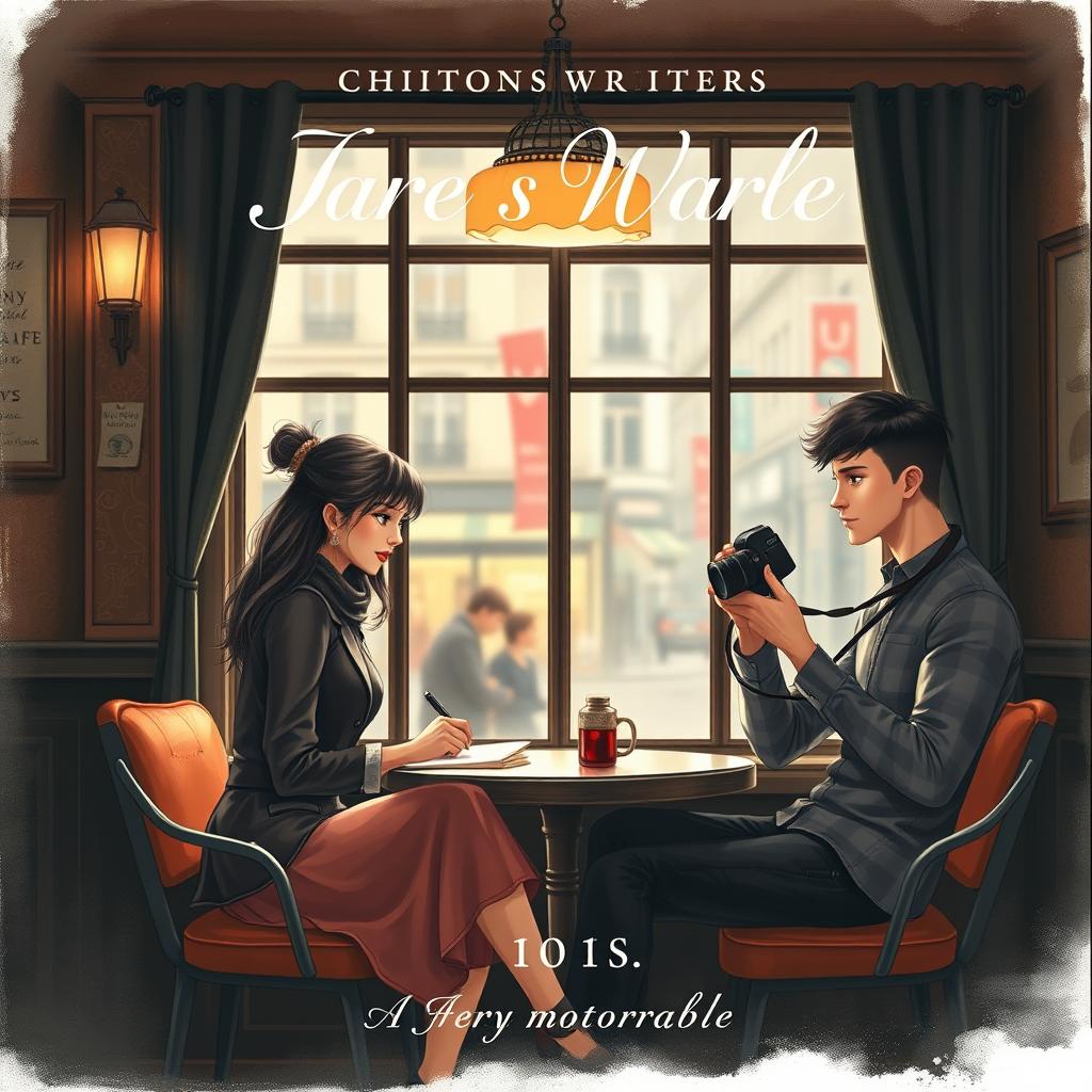 A romantic and emotional book cover illustrating a woman writer and a man photographer sitting across each other at a cozy cafe