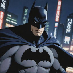 Enhance the previous image by emphasizing the anime style even more. Batman should feel as though he stepped right out of an edgy and action-packed Japanese animation.