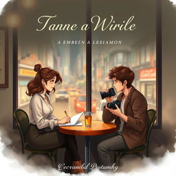 A romantic and emotional book cover illustrating a woman writer and a man photographer sitting across each other at a cozy cafe