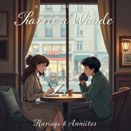 A romantic and emotional book cover illustrating a woman writer and a man photographer sitting across each other at a cozy cafe