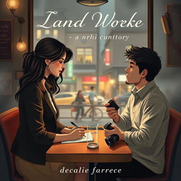 A romantic and emotional book cover illustrating a woman writer and a man photographer sitting across each other at a cozy cafe