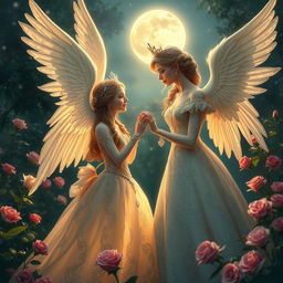 An ethereal angel with radiant wings gazing lovingly at a beautiful princess in an enchanting garden