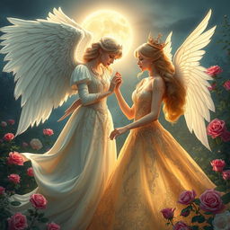 An ethereal angel with radiant wings gazing lovingly at a beautiful princess in an enchanting garden