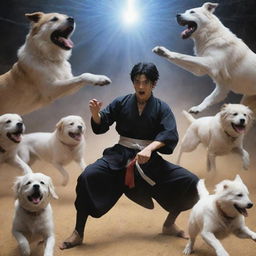 A detailed action scene portraying a battle between Gojo Satoru, with his limitless curse technique, and Megumi Fushiguro, summoning his divine dogs, in a mystical arena.