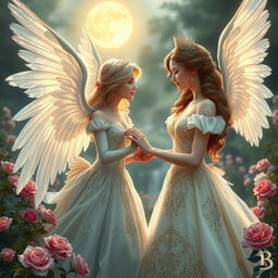 An ethereal angel with radiant wings gazing lovingly at a beautiful princess in an enchanting garden