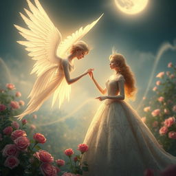 An ethereal angel with radiant wings gazing lovingly at a beautiful princess in an enchanting garden