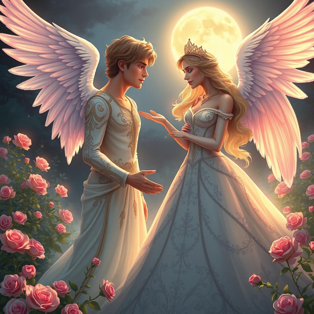 A handsome male angel with radiant wings gazing lovingly at a beautiful princess in an enchanting garden