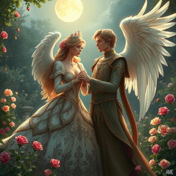 A handsome male angel with radiant wings gazing lovingly at a beautiful princess in an enchanting garden