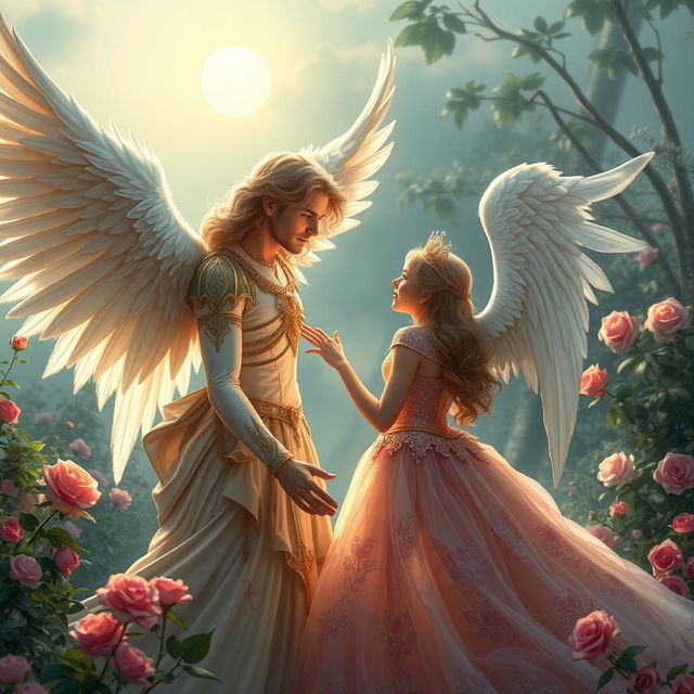 A handsome male angel with radiant wings gazing lovingly at a beautiful princess in an enchanting garden